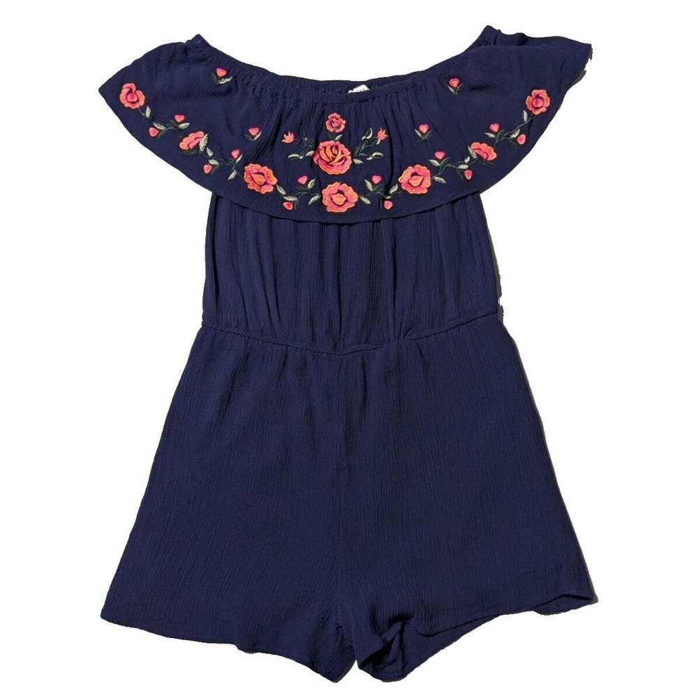 DIZZY LIZZY Women‎ Medium Blue Floral Rose Embroidered Lined RAYON Romper